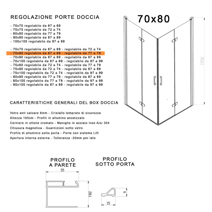 Box doccia 2 lati a soffietto trasparente senza profili 6mm h195 anticalcare rea, misura 70x80