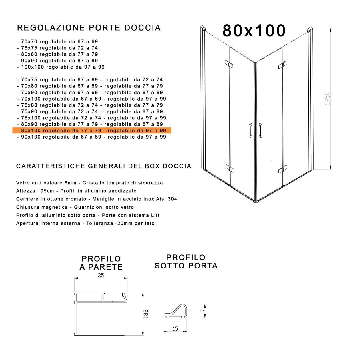 Box doccia 2 lati a soffietto trasparente senza profili 6mm h195 anticalcare rea, misura 80x100
