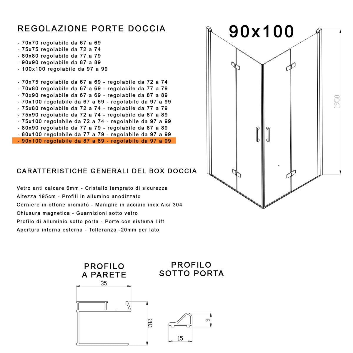 Box doccia 2 lati a soffietto trasparente senza profili 6mm h195 anticalcare rea, misura 90x100
