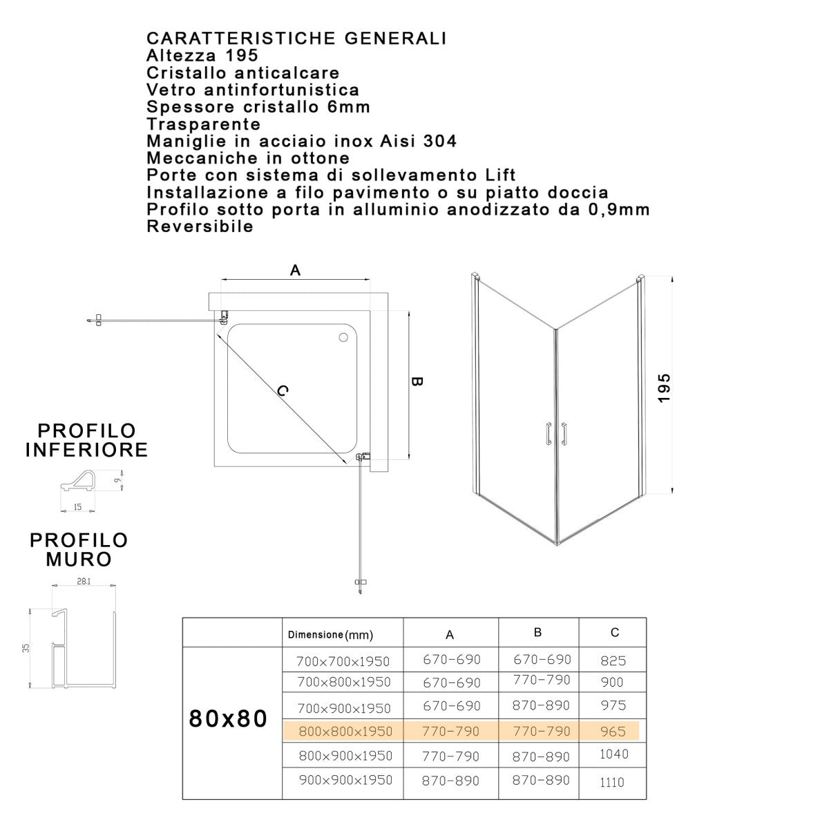 Box doccia due lati battenti h195 6mm anticalcare salema, misura 80x80