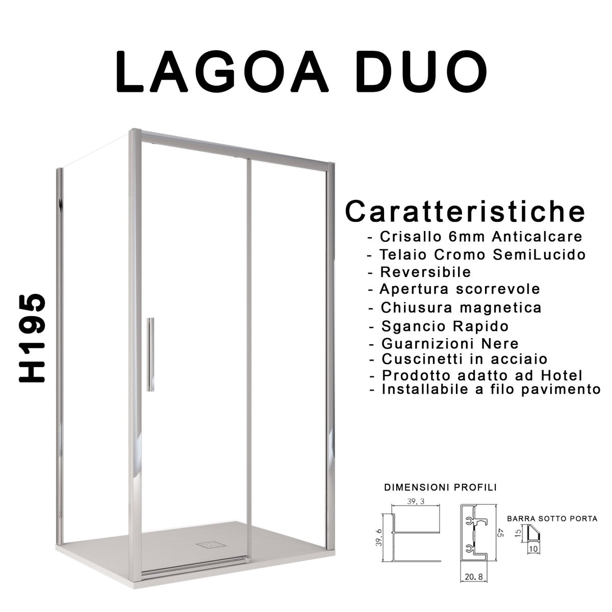 Box doccia due lati scorrevole cristallo 6mm h195 anticalcare lagoa duo, misura 80x130