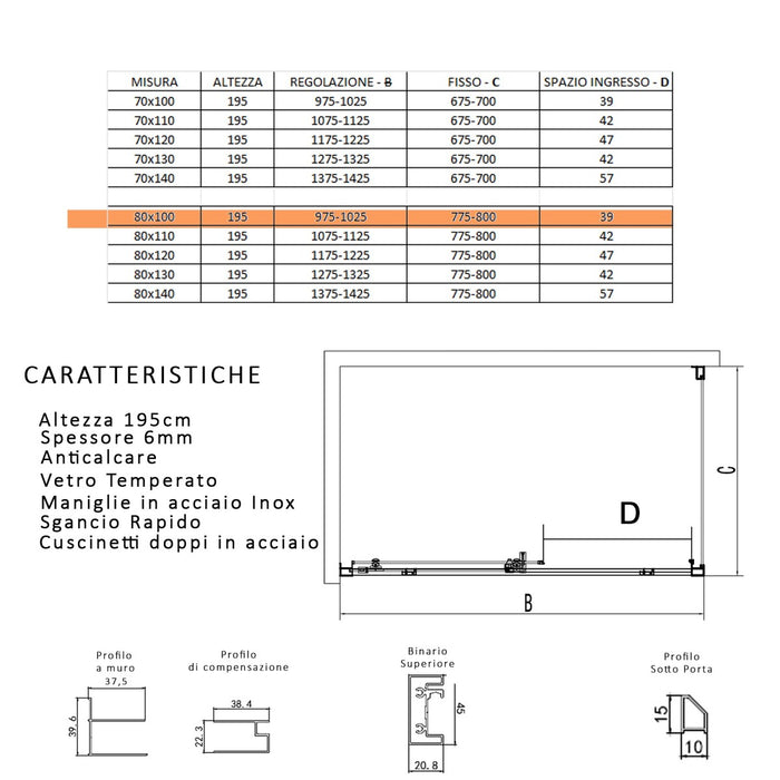 Box doccia due lati scorrevole cristallo 6mm h195 anticalcare lagoa duo, misura 80x100