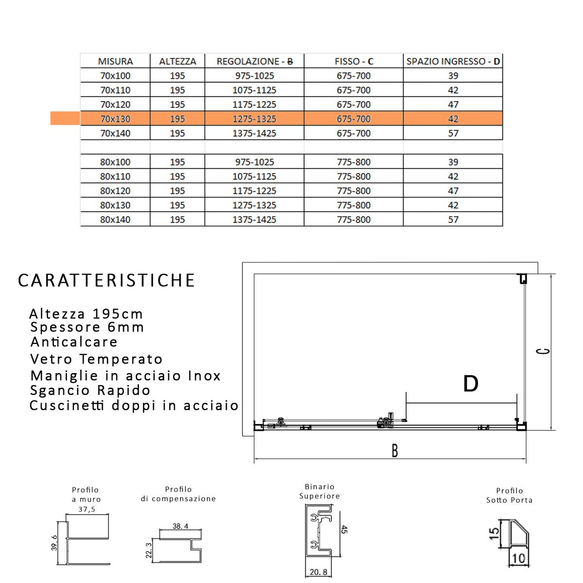 Box doccia due lati scorrevole cristallo 6mm h195 anticalcare lagoa duo, misura 70x140