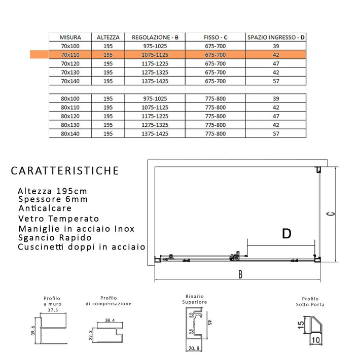 Box doccia due lati scorrevole cristallo 6mm h195 anticalcare lagoa duo, misura 70x110