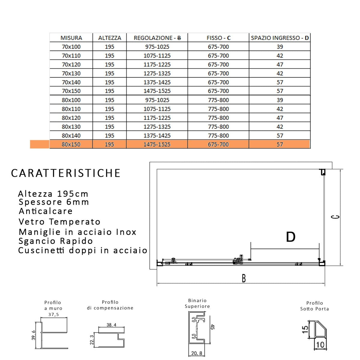 Box doccia due lati scorrevole cristallo 6mm h195 anticalcare lagoa duo, misura 80x150