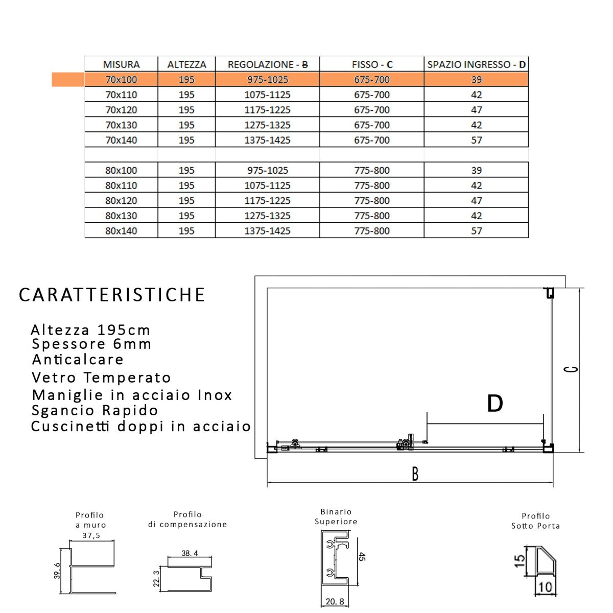 Box doccia due lati scorrevole cristallo 6mm h195 anticalcare lagoa duo, misura 70x100