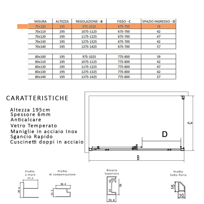 Box doccia due lati scorrevole cristallo 6mm h195 anticalcare lagoa duo, misura 70x100