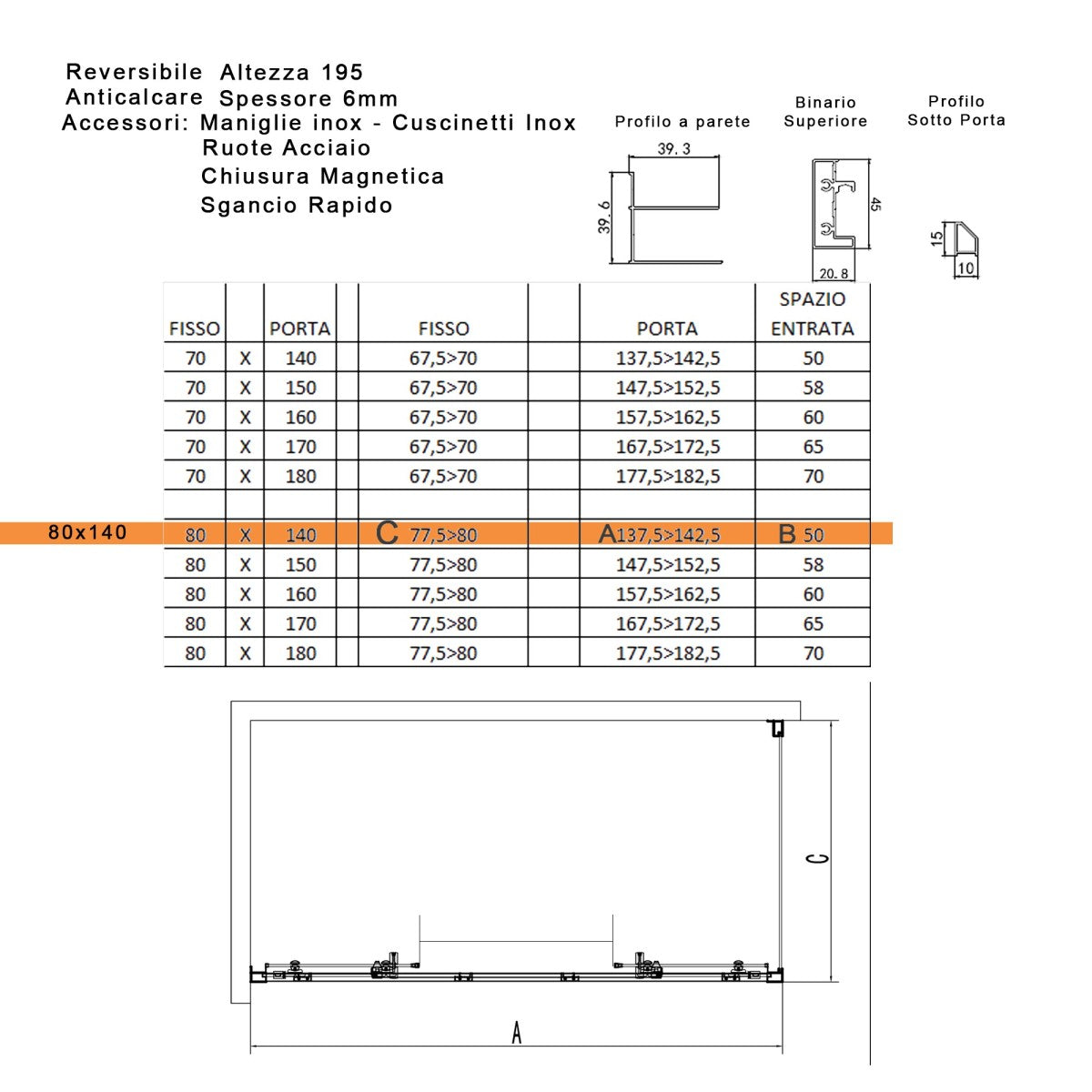 Box doccia due lati scorrevole lagoa duo ingresso centrale 6mm anticalcare, misura 80x140
