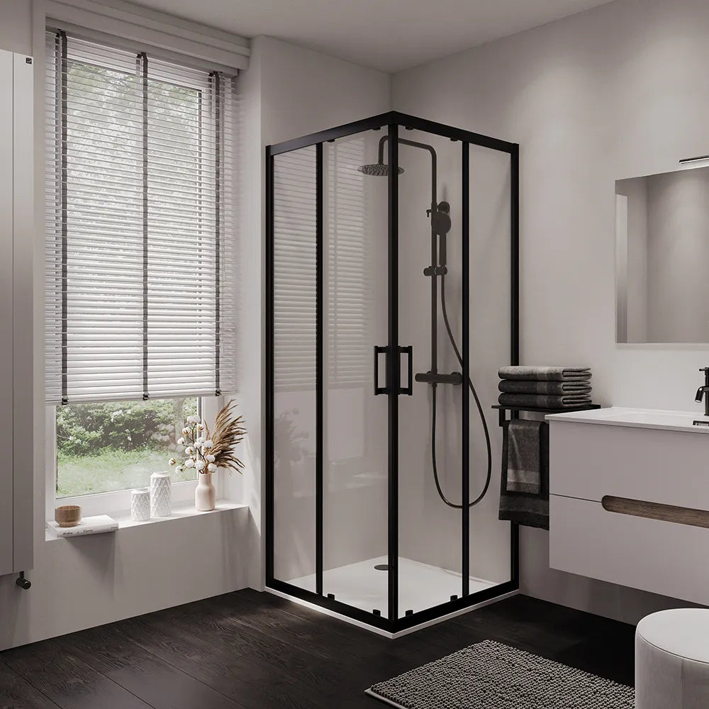 Box doccia 70x70 cm angolare doppio scorrevole profili neri vetro trasparente | Java
