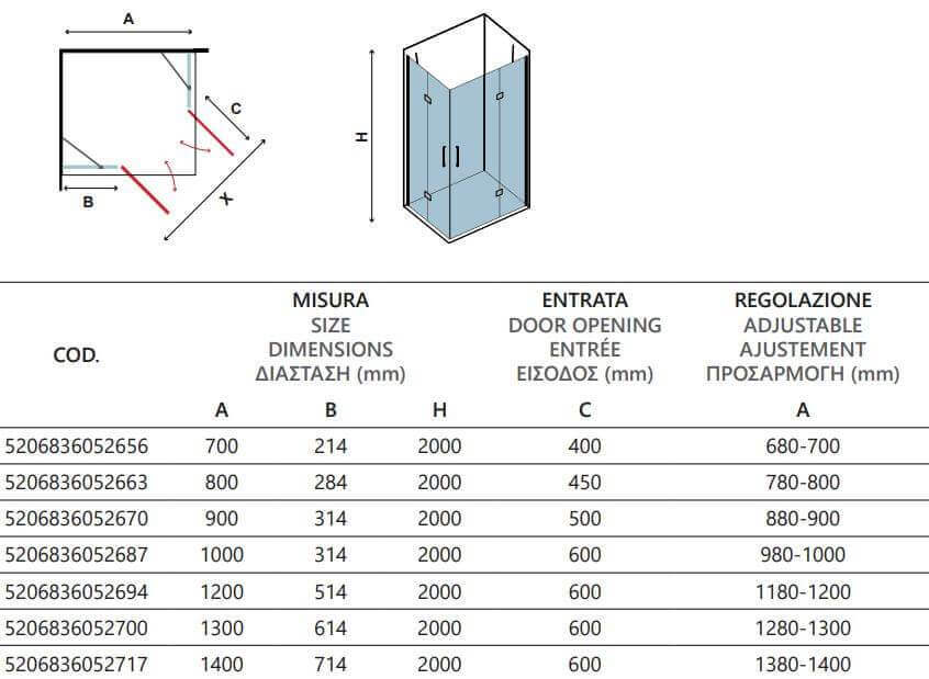 Box Doccia H200 Doppia Anta Battente 8mm Trasparente Anticalcare - 100x140 - Ingresso 84cm