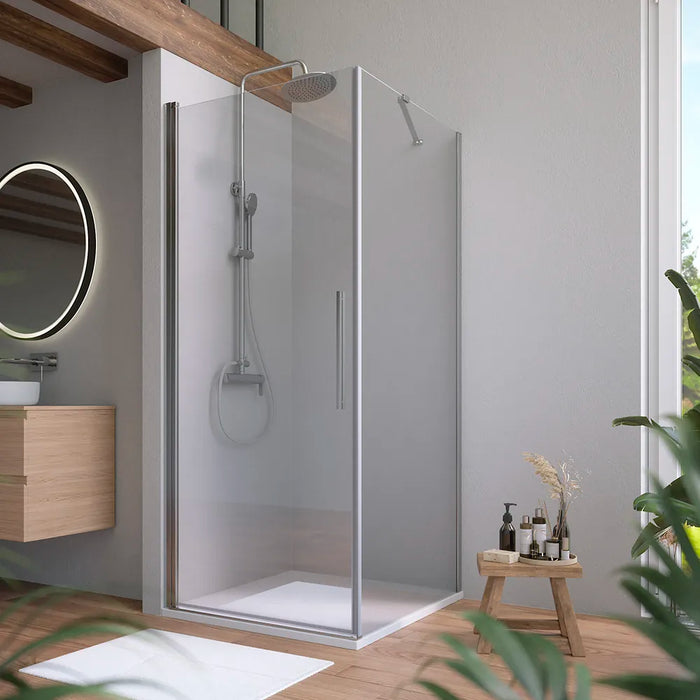 Box doccia 85x70cm con apertura a battente e parete fissa, profili cromati e vetro da 6mm trasparente h195 | Elba