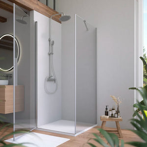 Box doccia 85x70cm con apertura a battente e parete fissa, profili cromati e vetro da 6mm trasparente h195 | Elba