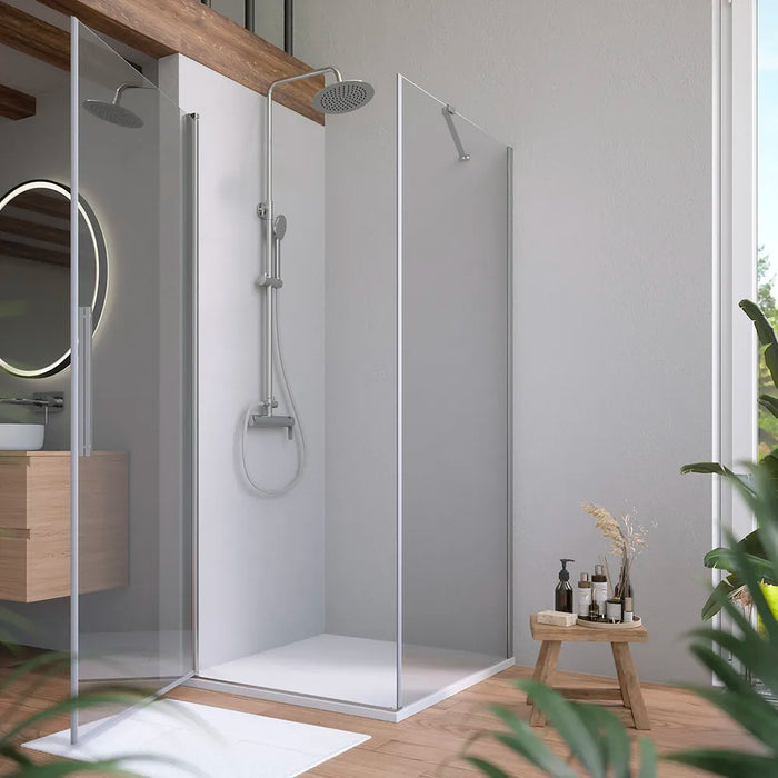 Box doccia 85x70cm con apertura a battente e parete fissa, profili cromati e vetro da 6mm trasparente h195 | Elba