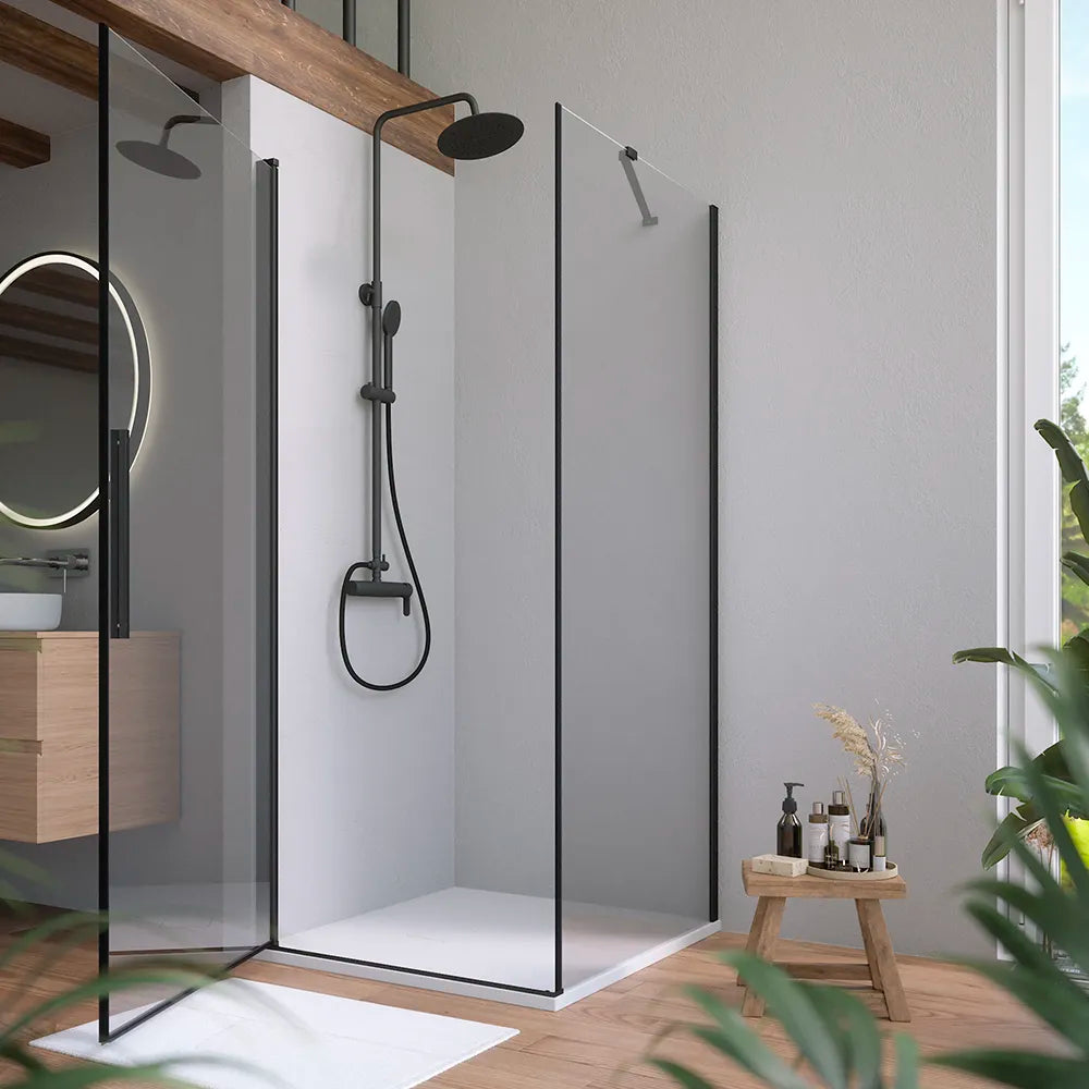 Box doccia 90x70cm con apertura a battente e parete fissa, profili nero opaco e vetro da 6mm trasparente h195 | Elba