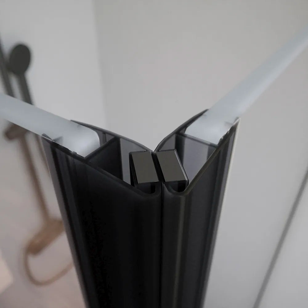 Box doccia 90x70cm con apertura a battente e parete fissa, profili nero opaco e vetro da 6mm trasparente h195 | Elba