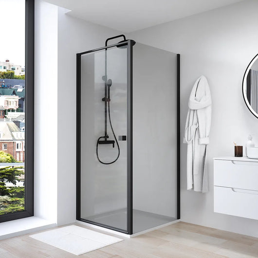 Box doccia 100x90 cm con apertura a battente e parete fissa, profili nero opaco e vetro da 8mm trasparente h195 | Bahamas