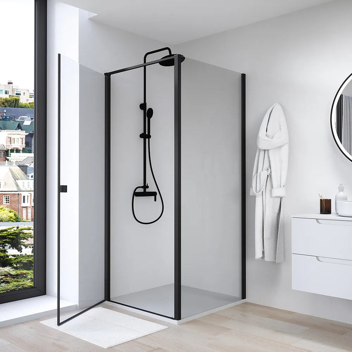 Box doccia 80x70 cm con apertura a battente e parete fissa, profili nero opaco e vetro da 8mm trasparente h195 | Bahamas