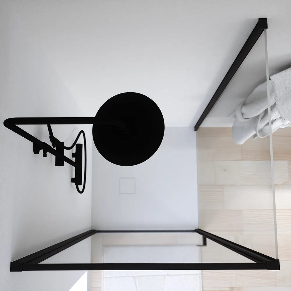 Box doccia 80x70 cm con apertura a battente e parete fissa, profili nero opaco e vetro da 8mm trasparente h195 | Bahamas