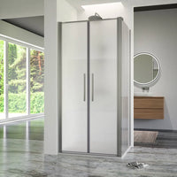 Box doccia 80x90cm con apertura saloon e parete fissa, profili cromati e vetro da 6mm opaco h195 | Elba