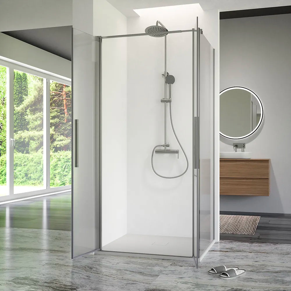 Box doccia 70x90cm con apertura saloon e parete fissa, profili cromati e vetro da 6mm opaco h195 | Elba