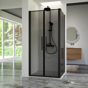 Box doccia 100x80cm con apertura saloon e parete fissa, profili nero opaco e vetro da 6mm fumè h195 | Elba