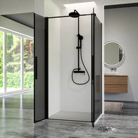 Box doccia 100x80cm con apertura saloon e parete fissa, profili nero opaco e vetro da 6mm fumè h195 | Elba