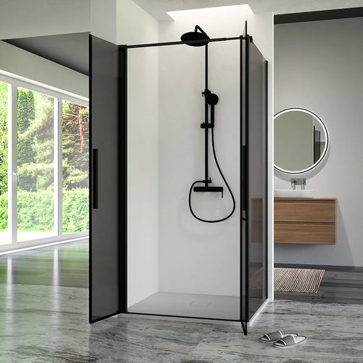 Box doccia 100x80cm con apertura saloon e parete fissa, profili nero opaco e vetro da 6mm fumè h195 | Elba