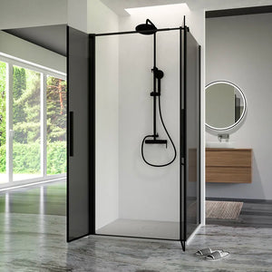 Box doccia 70x80cm con apertura saloon e parete fissa, profili nero opaco e vetro da 6mm fumè h195 | Elba