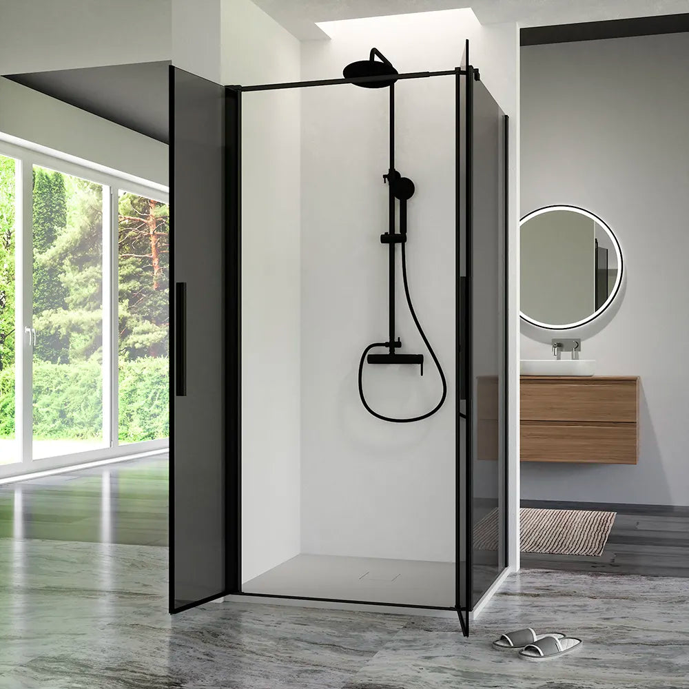 Box doccia 70x70cm con apertura saloon e parete fissa, profili nero opaco e vetro da 6mm fumè h195 | Elba