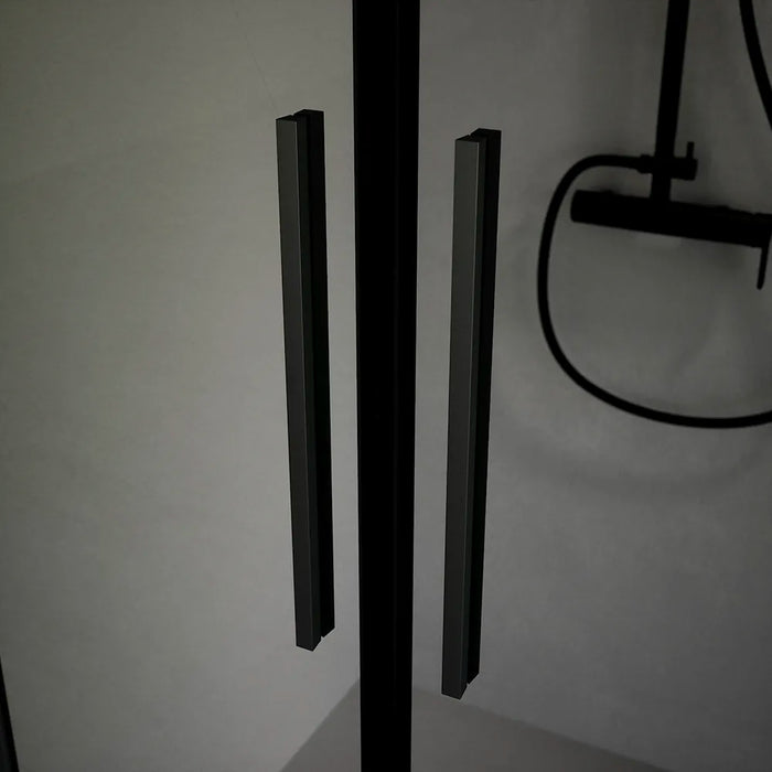 Box doccia 100x80cm con apertura saloon e parete fissa, profili nero opaco e vetro da 6mm fumè h195 | Elba