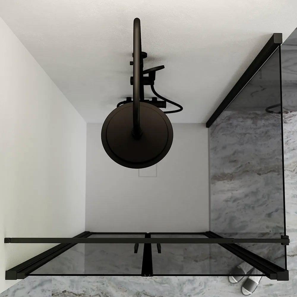 Box doccia 70x70cm con apertura saloon e parete fissa, profili nero opaco e vetro da 6mm fumè h195 | Elba