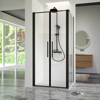 Box doccia 80x90cm con apertura saloon e parete fissa, profili nero opaco e vetro da 6mm trasparente h195 | Elba