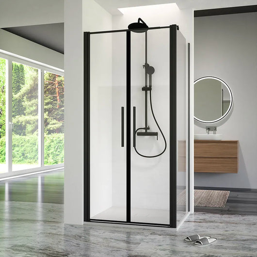 Box doccia 70x90cm con apertura saloon e parete fissa, profili nero opaco e vetro da 6mm trasparente h195 | Elba