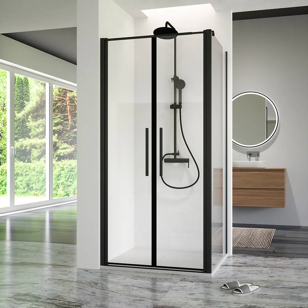 Box doccia 120x70cm con apertura saloon e parete fissa, profili nero opaco e vetro da 6mm trasparente h195 | Elba