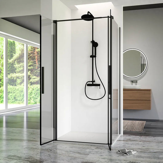 Box doccia 120x70cm con apertura saloon e parete fissa, profili nero opaco e vetro da 6mm trasparente h195 | Elba