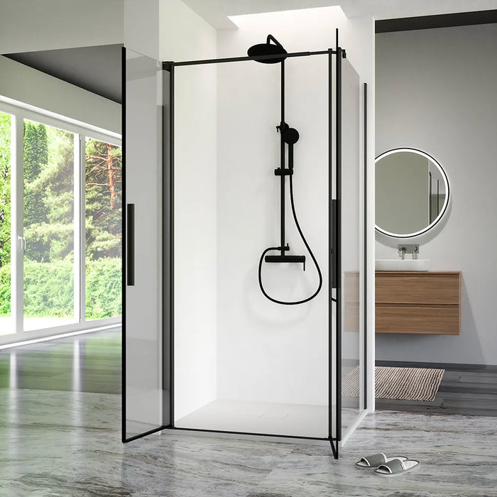 Box doccia 70x90cm con apertura saloon e parete fissa, profili nero opaco e vetro da 6mm trasparente h195 | Elba