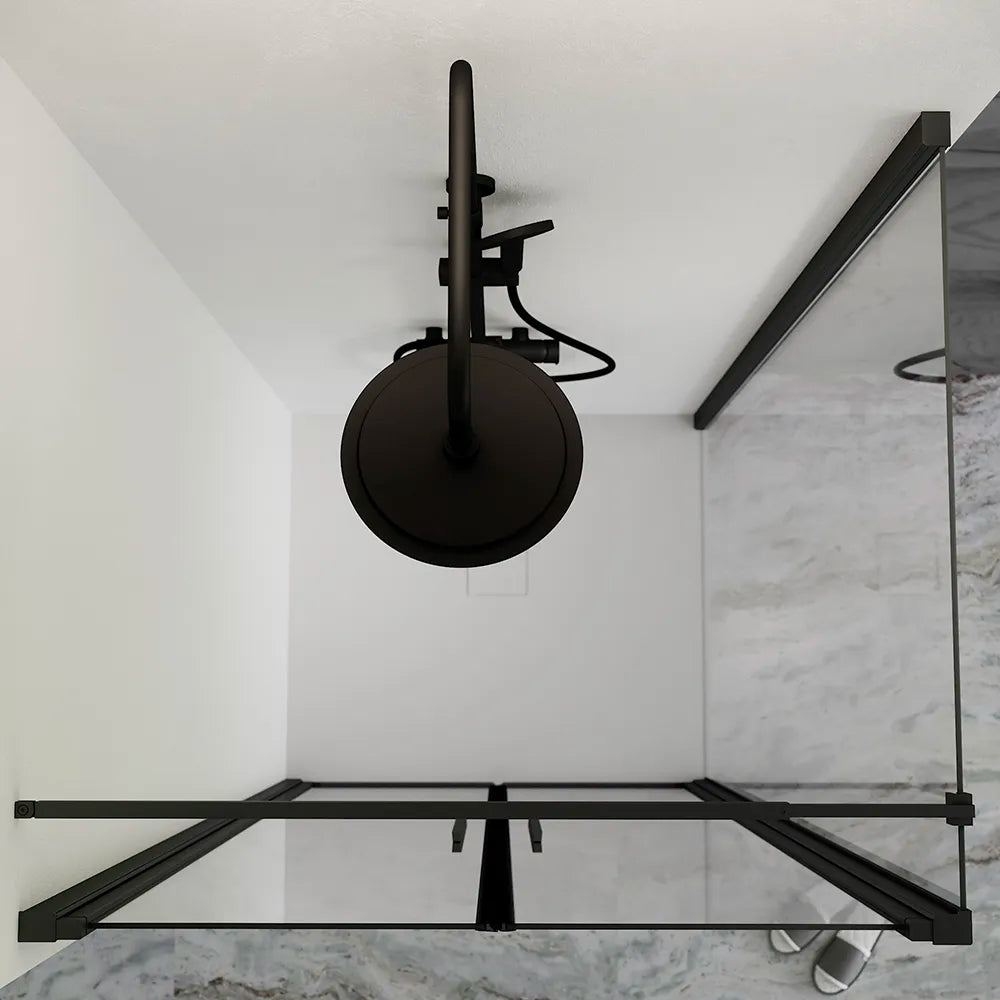 Box doccia 70x70cm con apertura saloon e parete fissa, profili nero opaco e vetro da 6mm trasparente h195 | Elba