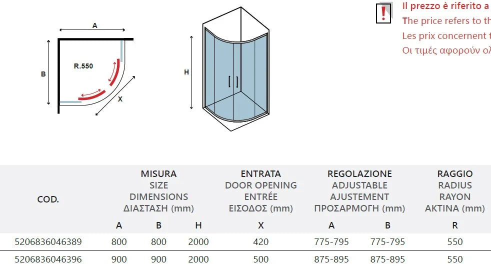 Box Doccia Semicircolare 8mm Anticalcare H200 Anta Scorrevole - 89.5x89.5