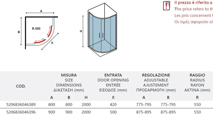 Box Doccia Semicircolare 8mm Anticalcare H200 Anta Scorrevole - 89.5x89.5