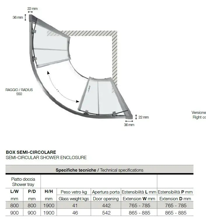 Box Doccia Semicircolare ECO 6mm Porte Scorrevoli H190 - 90x90 - Raggio 55cm
