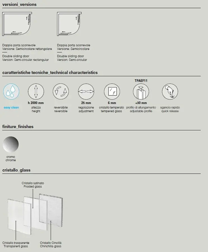 Box Doccia Semicircolare 6mm Scorrevole Anticalcare H200 FS40 - 90x90 - Raggio 55cm