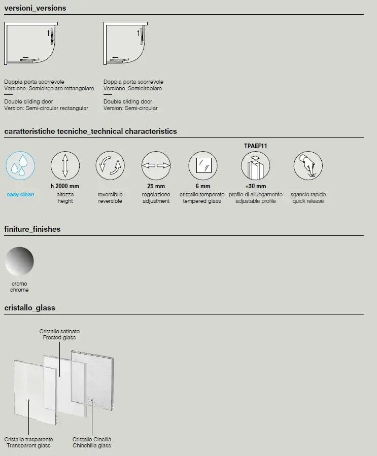Box Doccia Semicircolare 6mm Scorrevole Anticalcare H200 FS40 - 72x90 - Raggio 38cm