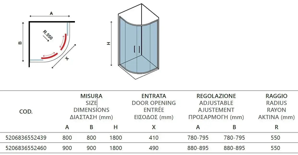 Box Doccia Semicircolare H180 Cristallo 6mm Serigrafato - New Flora 200 - 89.5x89.5