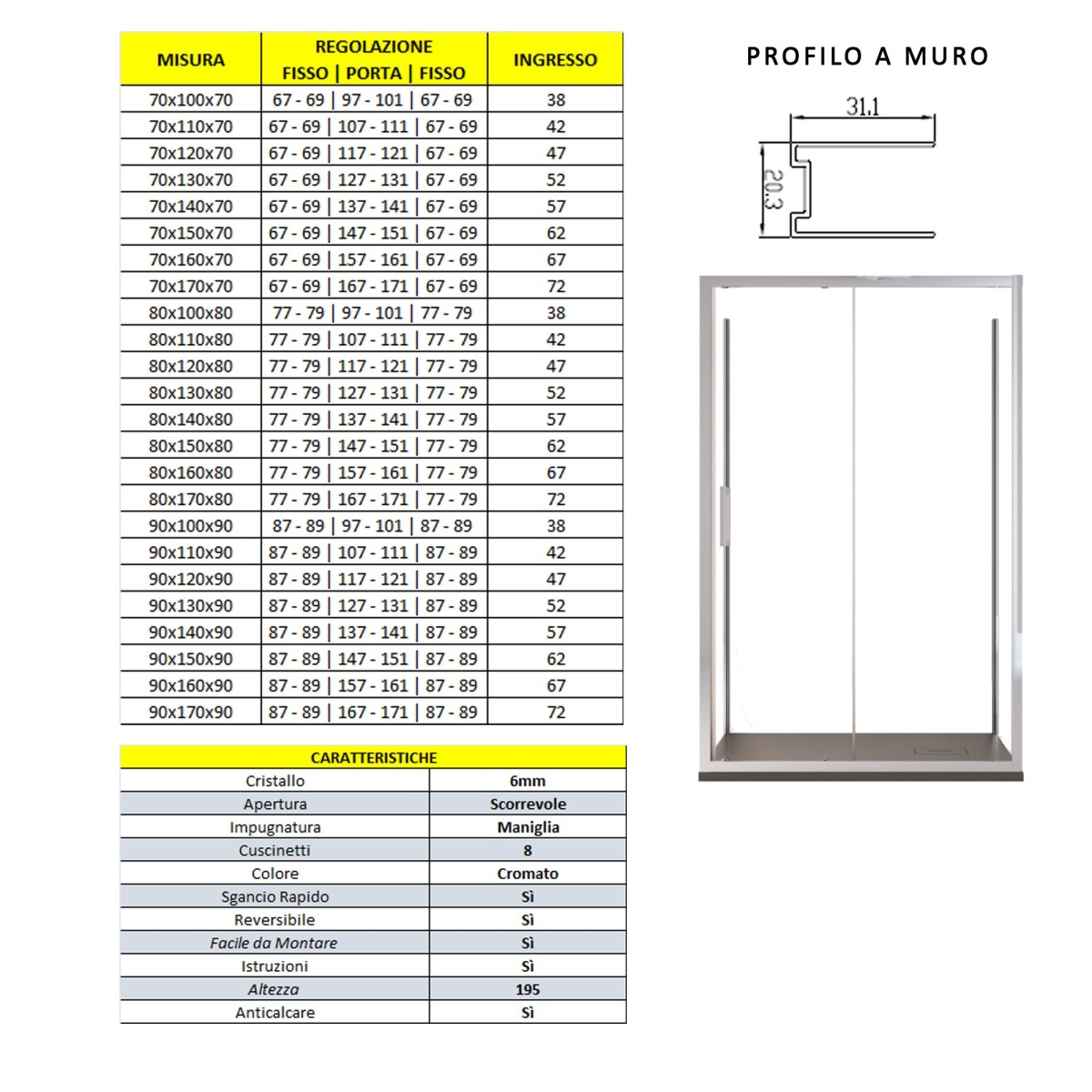 Box doccia tre lati anta scorrevole in cristallo trasparente 6mm h195 agata, misura 90x100x90