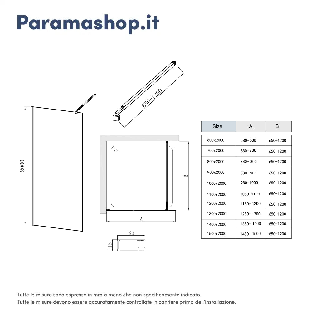 Doccia walk-in 110 cm vetro 8mm anticalcare opaco h200 profili cromo | Keros 