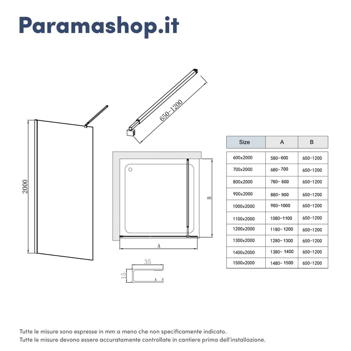 Doccia walk-in 140 cm vetro 8mm anticalcare trasparente h200 profili cromo | Keros