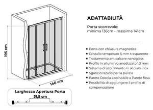 Box doccia a nicchia 140 cm porta scorrevole apertura centrale H195 cm LISA Cromato