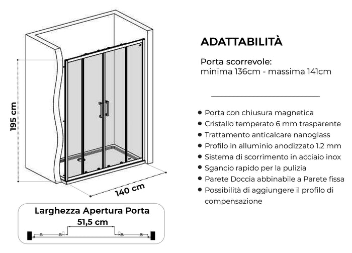 Box doccia a nicchia 140 cm porta scorrevole apertura centrale H195 cm LISA Cromato