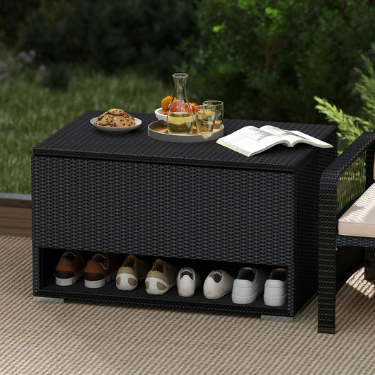 186 L Box contenitore da patio con scarpiera, Scatola da esterno in rattan intrecciato con rivestimento protettivo Nero-Casette da giardino