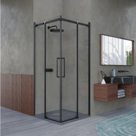 Box doccia angolare 90x110 cm con ante scorrevoli in cristallo temperato 8 mm H 200 cm CLARA Nero Opaco